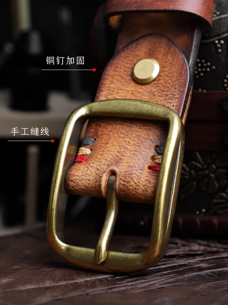 手工腰帶 復古植鞣牛皮皮帶 真皮銅扣 男士