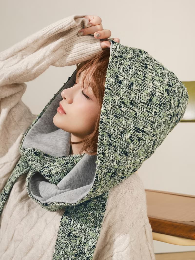 AMBER 系列 - 琥光* 綠色 混織毛料 圍巾 連帽圍巾