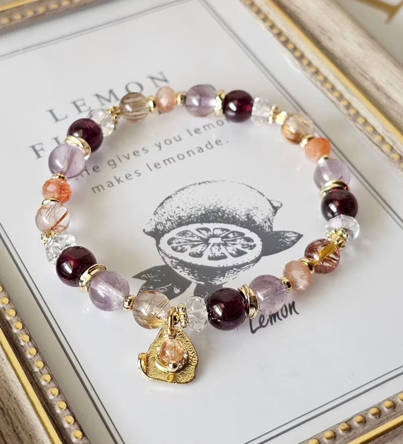 焰曜之環-五行屬火手鍊/紫牙烏紅石榴/紅銅鈦晶/太陽石/紫水晶/