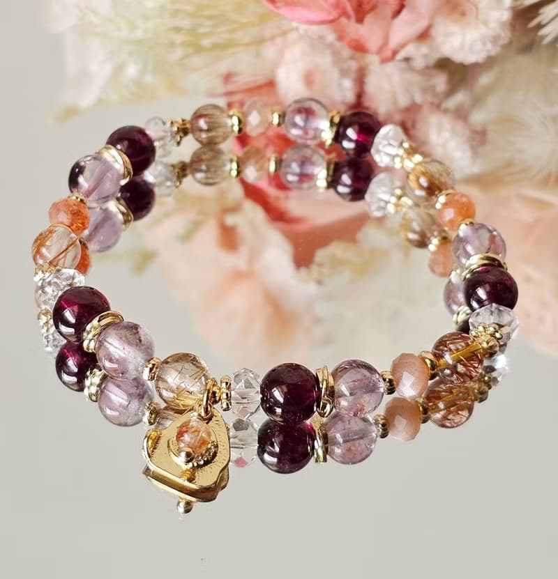 焰曜之環-五行屬火手鍊/紫牙烏紅石榴/紅銅鈦晶/太陽石/紫水晶/