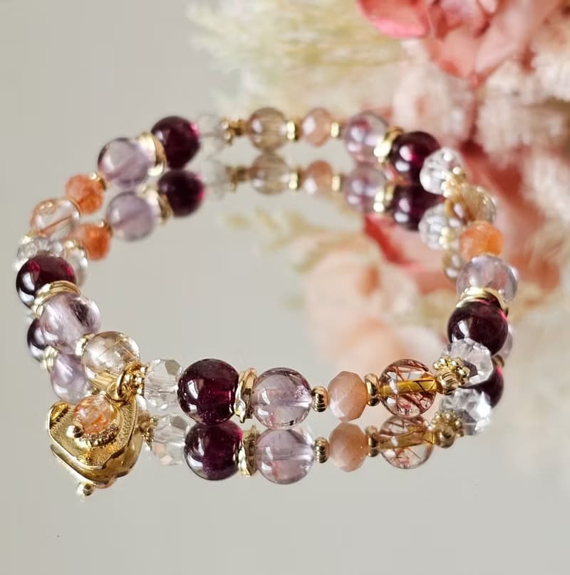 焰曜之環-五行屬火手鍊/紫牙烏紅石榴/紅銅鈦晶/太陽石/紫水晶/