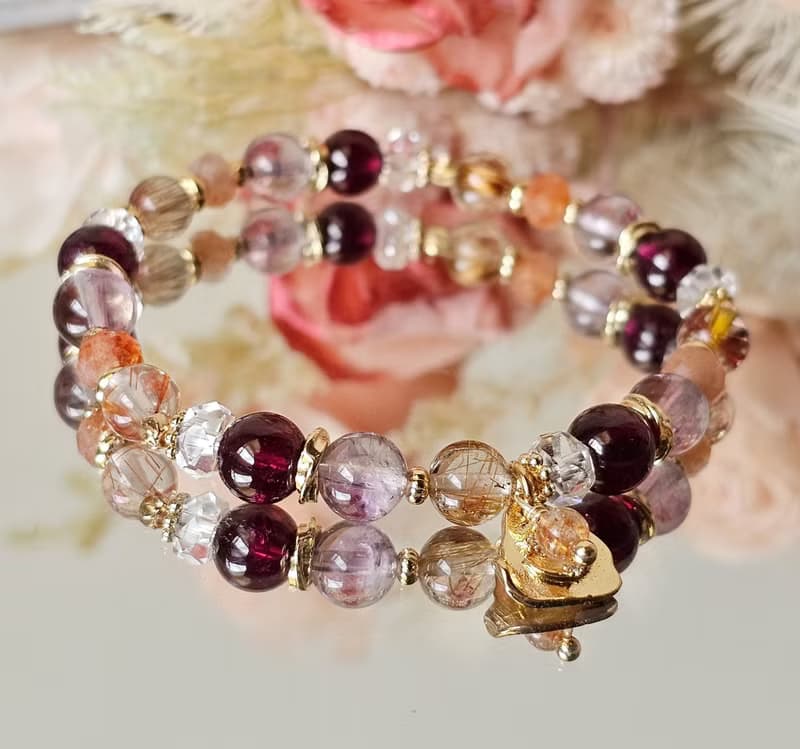 焰曜之環-五行屬火手鍊/紫牙烏紅石榴/紅銅鈦晶/太陽石/紫水晶/