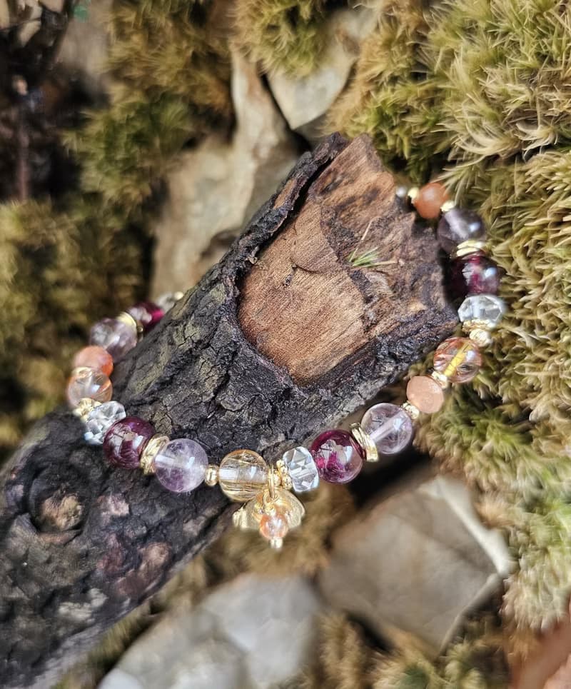 焰曜之環-五行屬火手鍊/紫牙烏紅石榴/紅銅鈦晶/太陽石/紫水晶/
