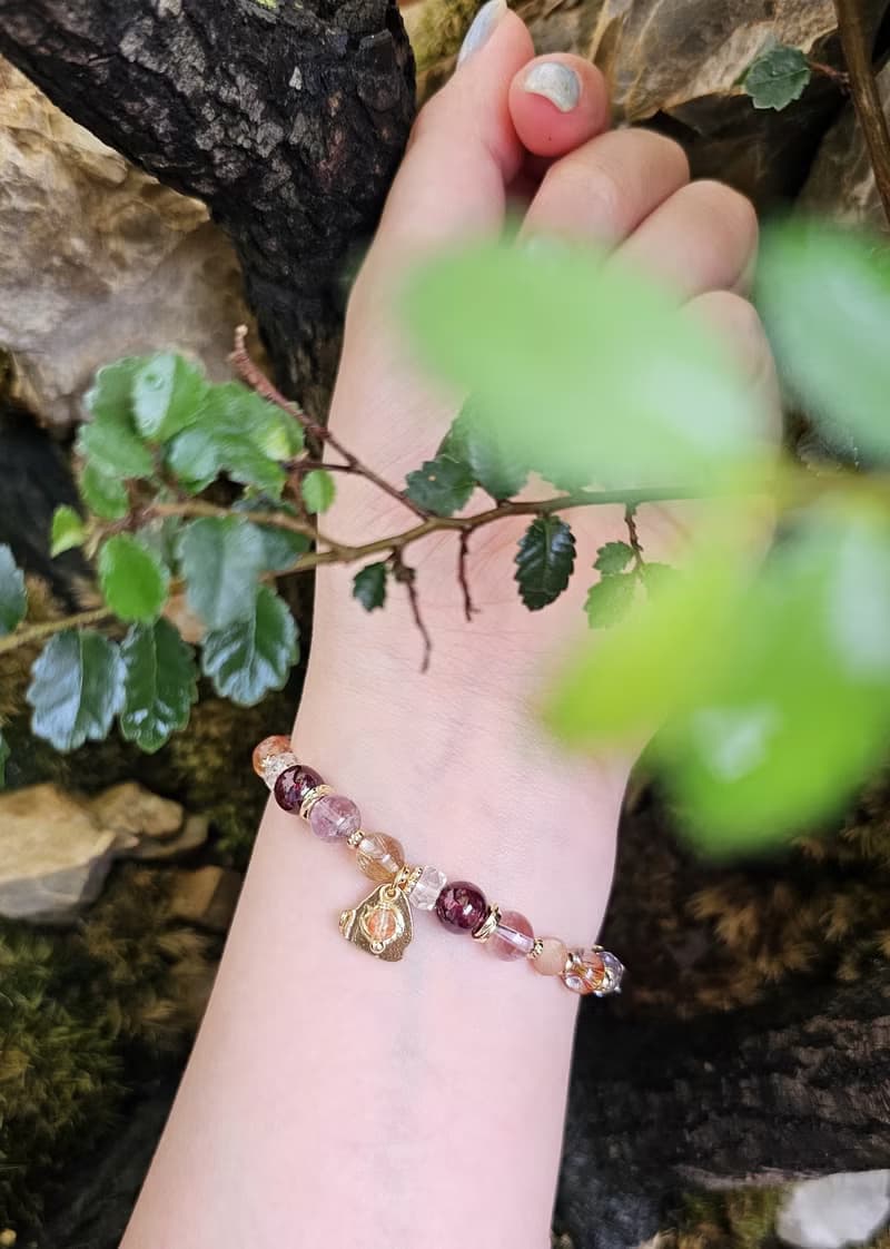 焰曜之環-五行屬火手鍊/紫牙烏紅石榴/紅銅鈦晶/太陽石/紫水晶/