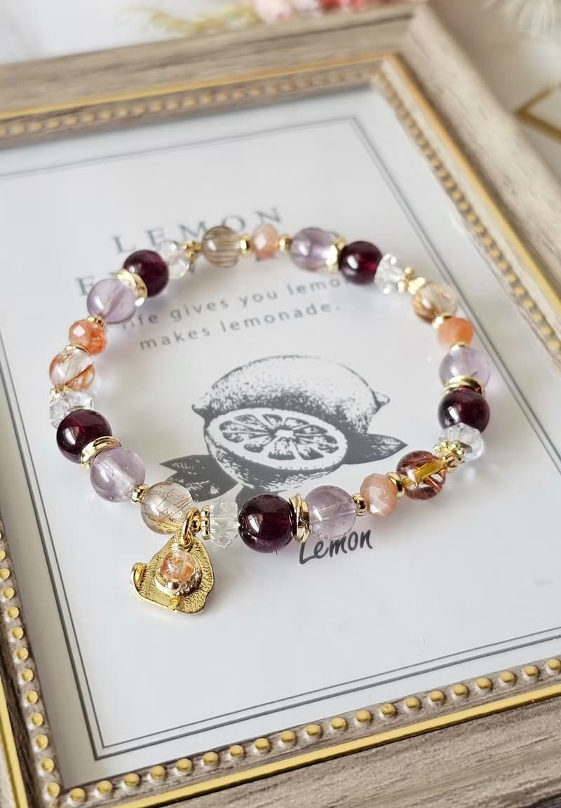 焰曜之環-五行屬火手鍊/紫牙烏紅石榴/紅銅鈦晶/太陽石/紫水晶/