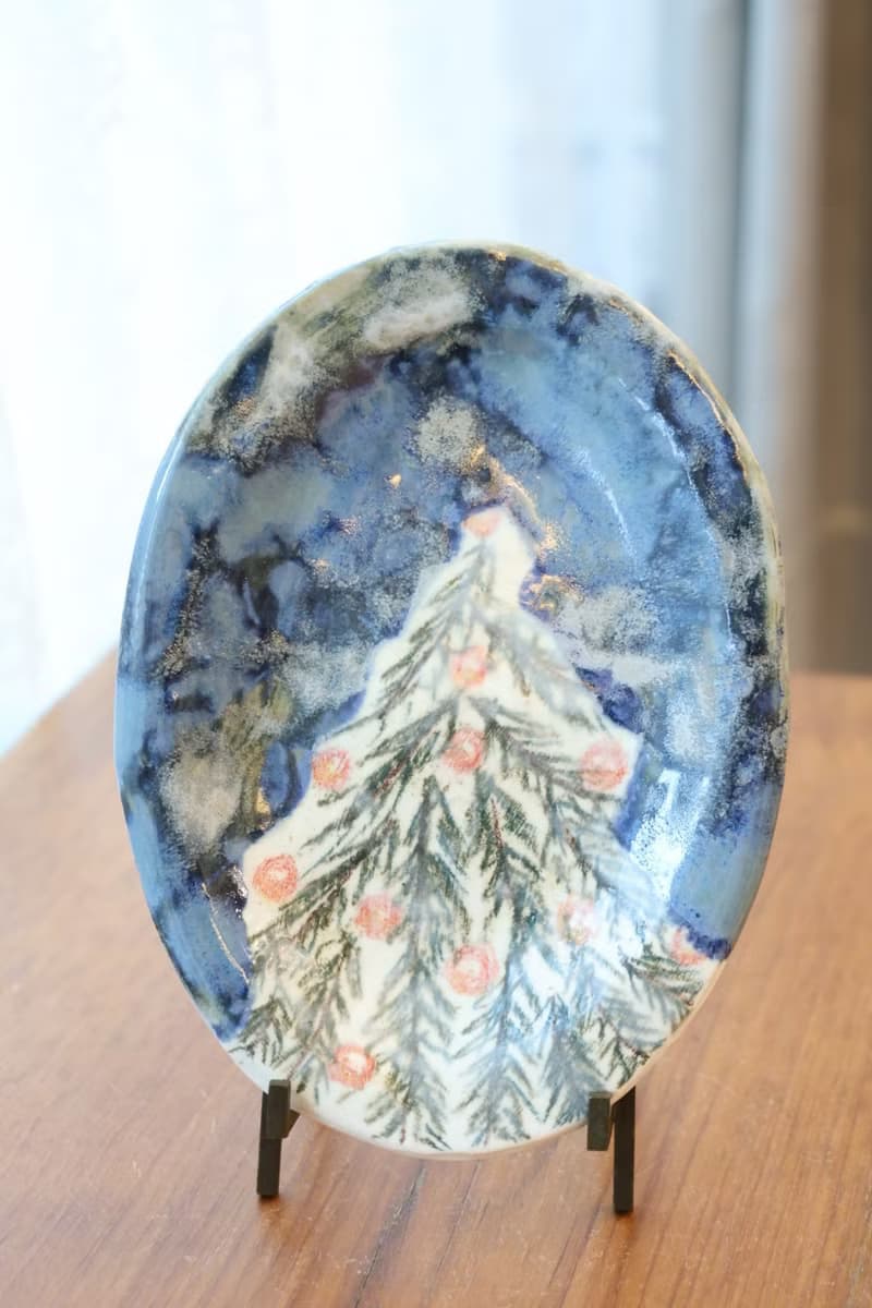 【聖誕禮物】藍天白雪景聖誕樹童趣節慶土司蛋糕盤手作陶瓷收納盤