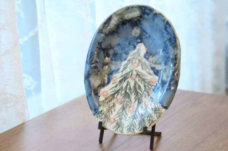 【聖誕禮物】藍天白雪景聖誕樹童趣節慶土司蛋糕盤手作陶瓷收納盤