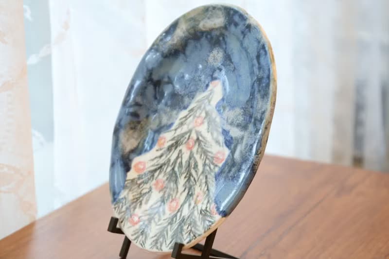 【聖誕禮物】藍天白雪景聖誕樹童趣節慶土司蛋糕盤手作陶瓷收納盤