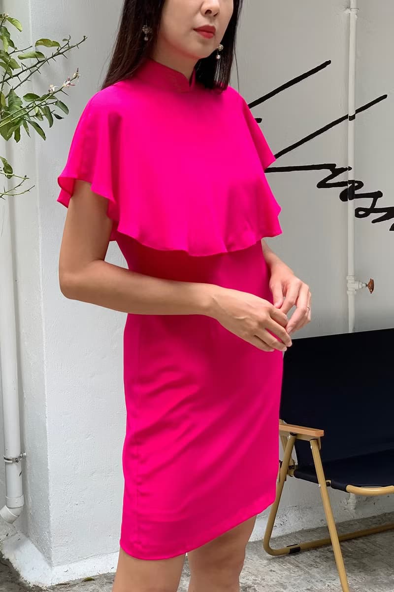 Yi-ming MELISSA 桃紅色真絲雪紡斗篷旗袍