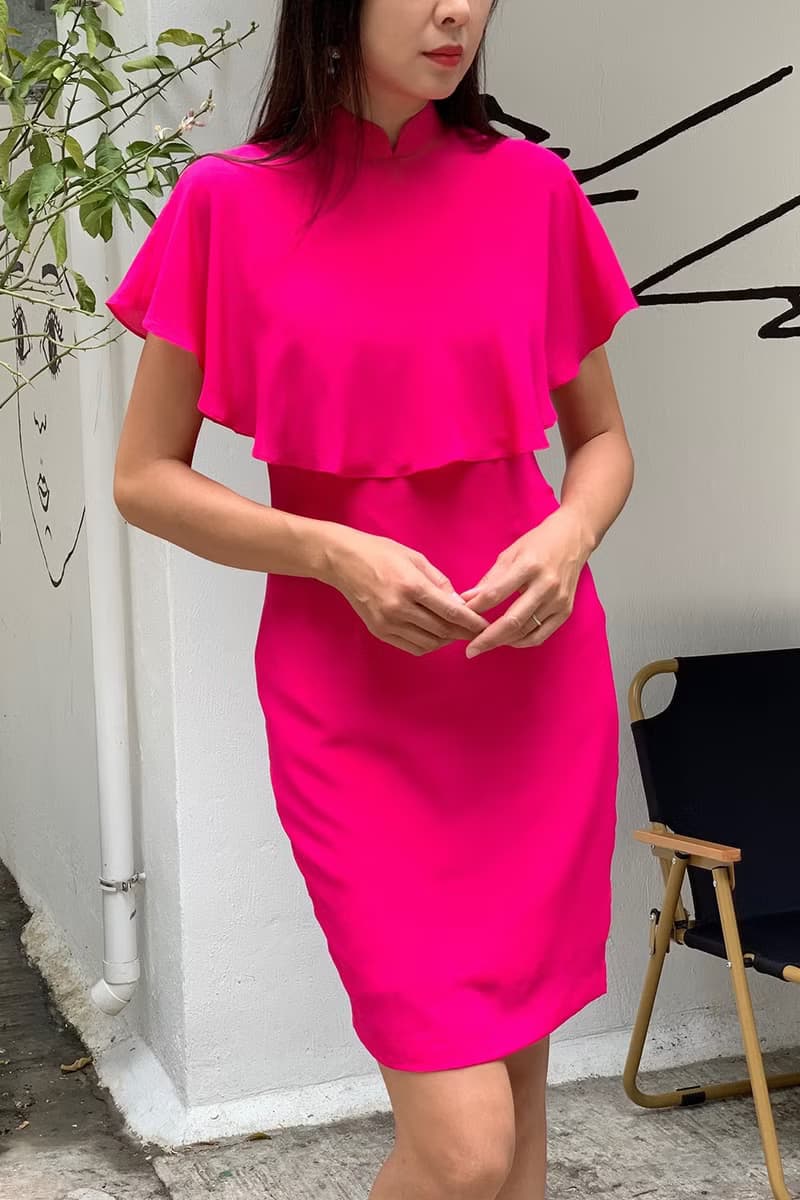 Yi-ming MELISSA 桃紅色真絲雪紡斗篷旗袍