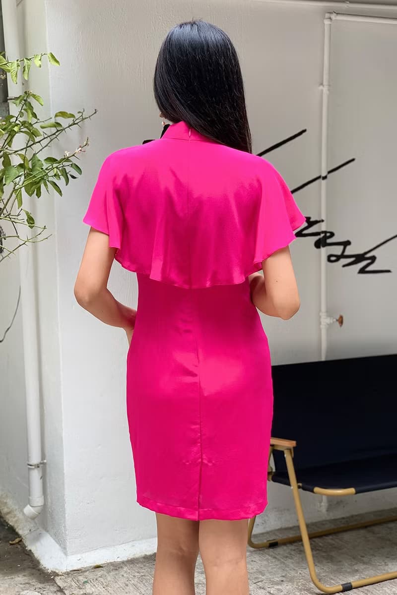 Yi-ming MELISSA 桃紅色真絲雪紡斗篷旗袍