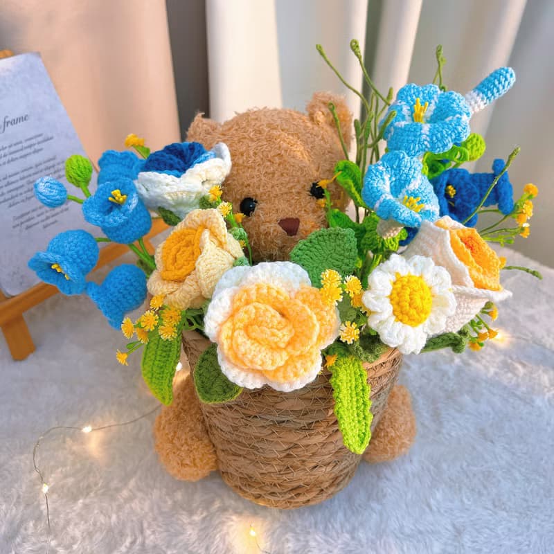 手作鉤織泰迪熊花束桶
