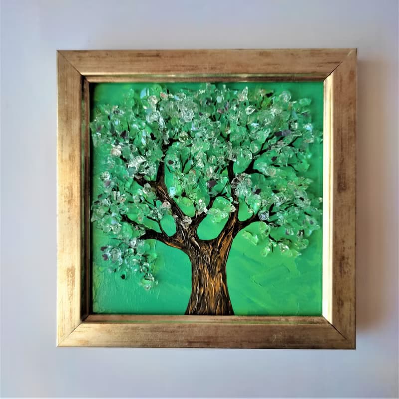 Miniature Tree of Life Wall Decoration Shiny Hanging Picture with Mirror Crumb