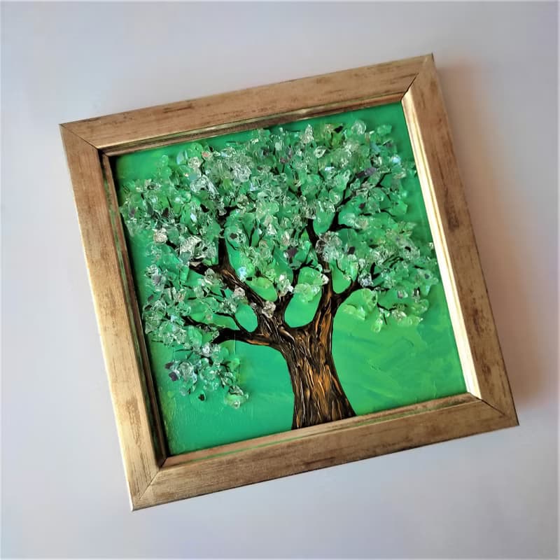 Miniature Tree of Life Wall Decoration Shiny Hanging Picture with Mirror Crumb