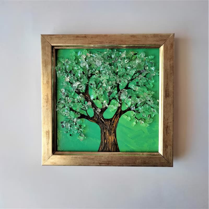 Miniature Tree of Life Wall Decoration Shiny Hanging Picture with Mirror Crumb