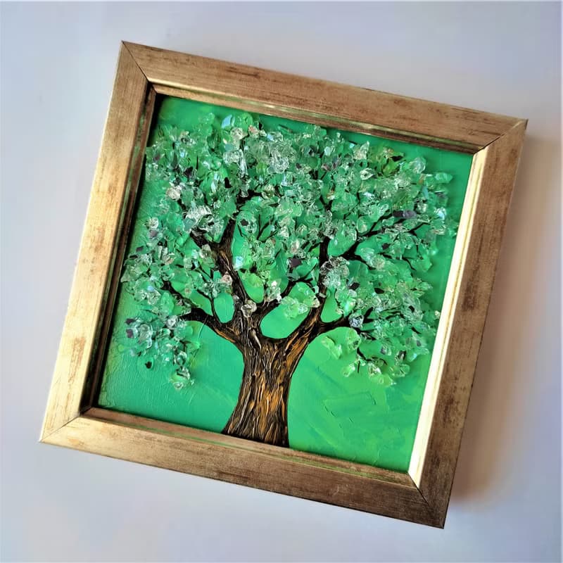 Miniature Tree of Life Wall Decoration Shiny Hanging Picture with Mirror Crumb