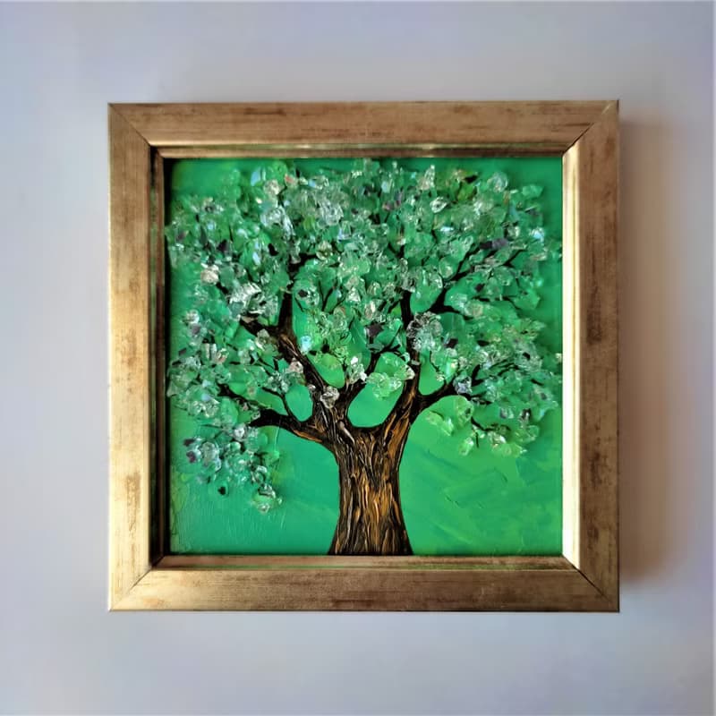 Miniature Tree of Life Wall Decoration Shiny Hanging Picture with Mirror Crumb