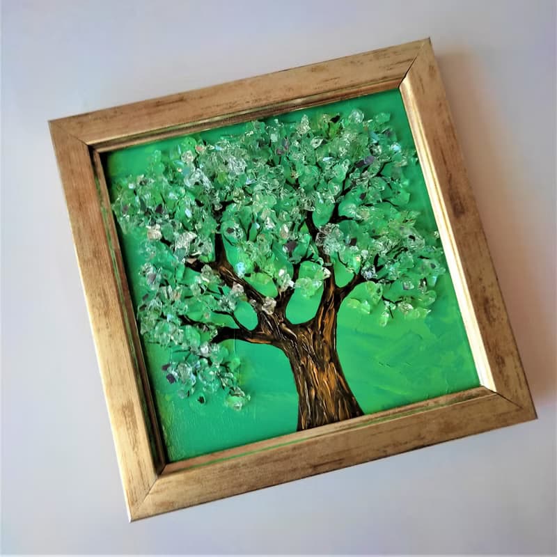 Miniature Tree of Life Wall Decoration Shiny Hanging Picture with Mirror Crumb