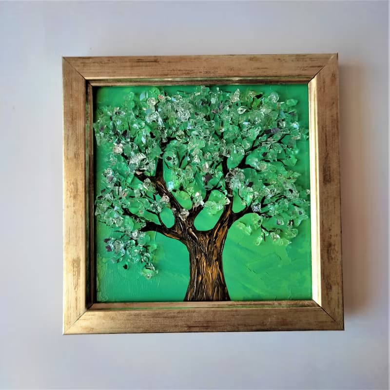 Miniature Tree of Life Wall Decoration Shiny Hanging Picture with Mirror Crumb