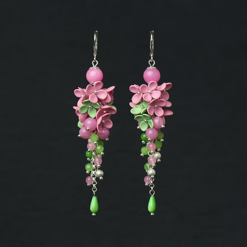 Pink Flower Earrings Foral Earrings Polymer Clay Jewelry Dangle Earrings