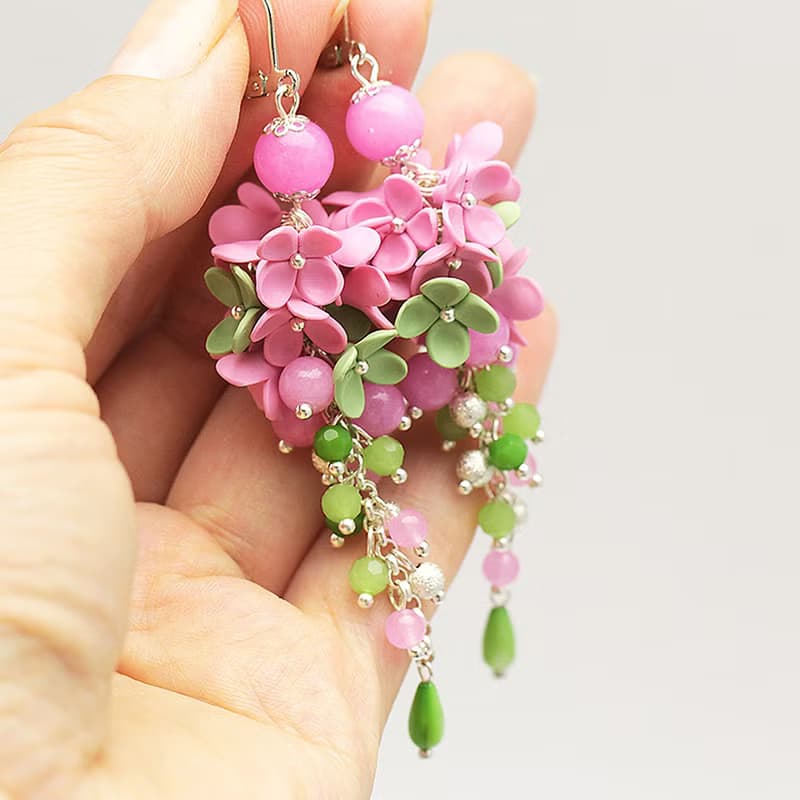Pink Flower Earrings Foral Earrings Polymer Clay Jewelry Dangle Earrings