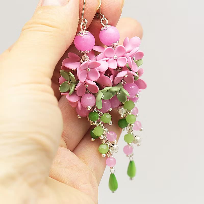 Pink Flower Earrings Foral Earrings Polymer Clay Jewelry Dangle Earrings