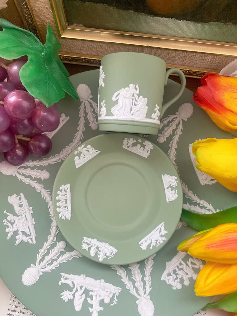 1950年 Wedgwood Jasper 英國製綠色浮雕咖啡杯 古董杯 庫存品