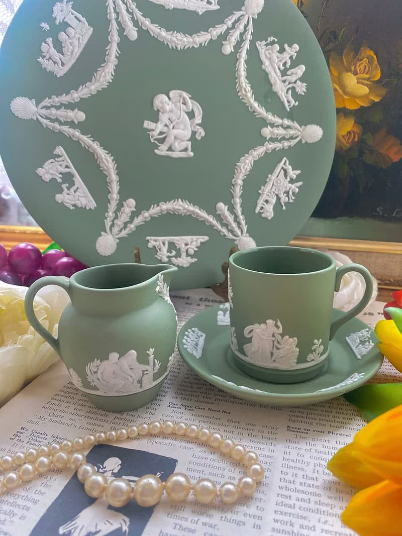 1950年 Wedgwood Jasper 英國製綠色浮雕咖啡杯 古董杯 庫存品