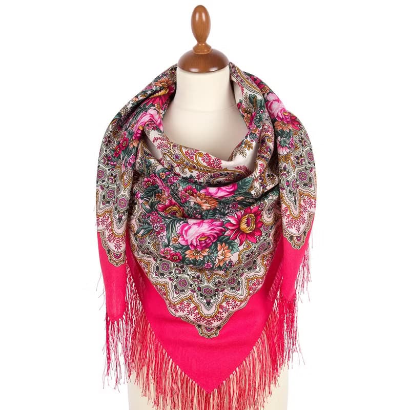 Pavlovo Posad Russian Shawl 100% Wool Scarf 125x125 cm Wrap Silk Fringe 2105-5
