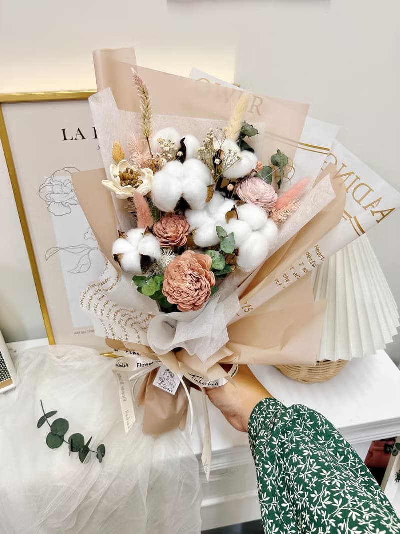 棉花糖奶茶花束 乾燥花 棉花 永生花 花束 告白 情人節 畢業 生日