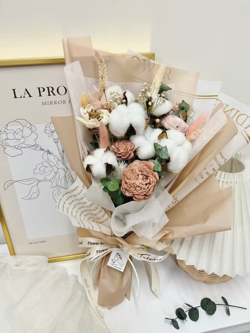 棉花糖奶茶花束 乾燥花 棉花 永生花 花束 告白 情人節 畢業 生日