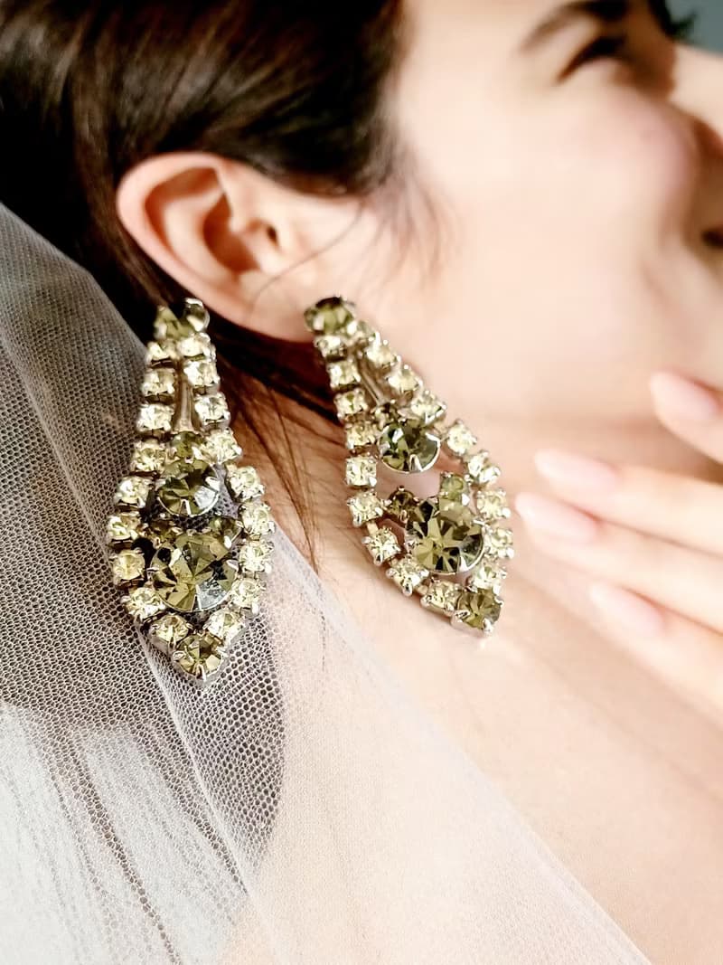 vintage jewelry 氣質佳人垂墜茶色萊茵鑽 夾式耳環