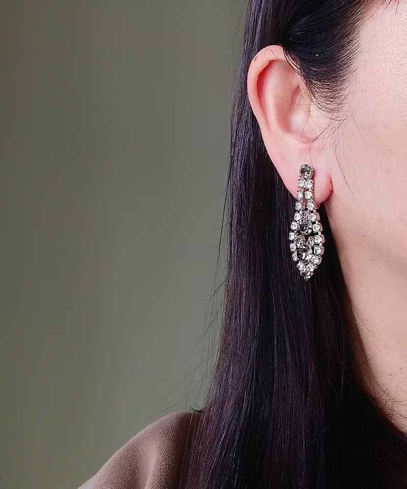 vintage jewelry 氣質佳人垂墜茶色萊茵鑽 夾式耳環