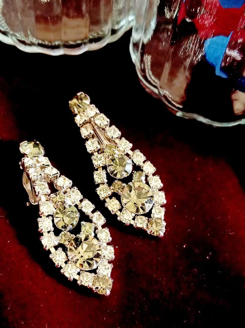 vintage jewelry 氣質佳人垂墜茶色萊茵鑽 夾式耳環