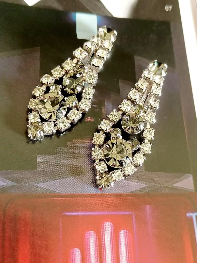 vintage jewelry 氣質佳人垂墜茶色萊茵鑽 夾式耳環