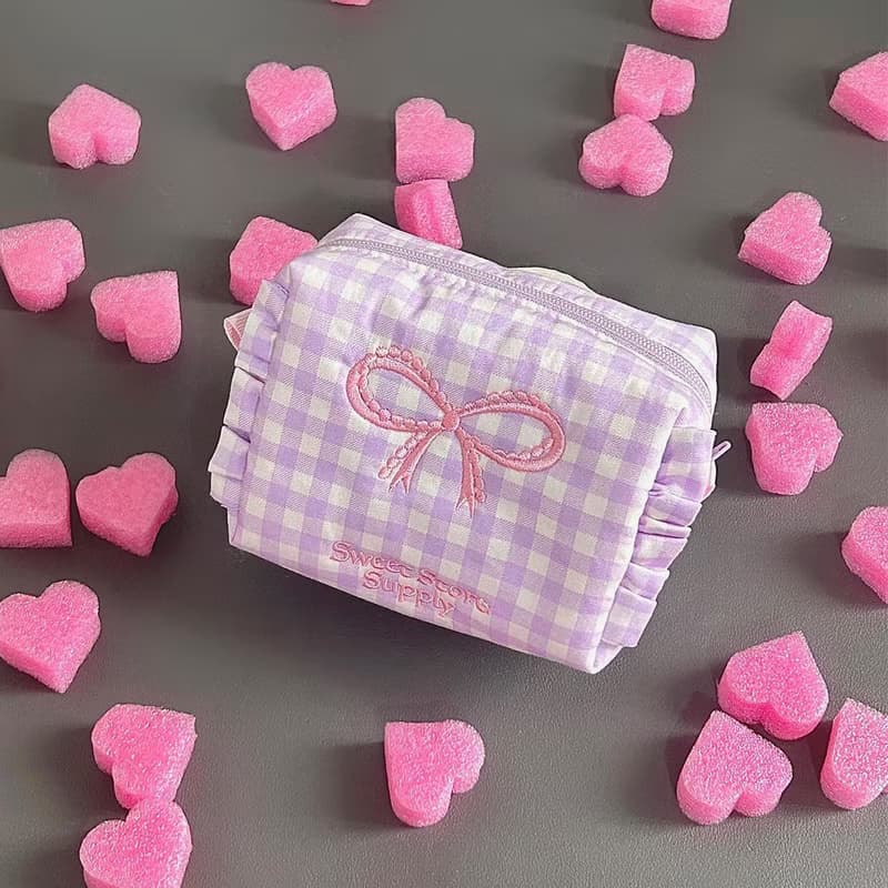 Sweetstore Supply原創紫色格紋蝴蝶結刺繡化妝包便攜收納包