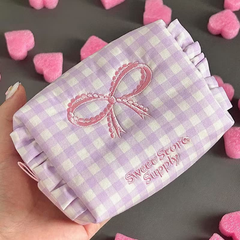 Sweetstore Supply原創紫色格紋蝴蝶結刺繡化妝包便攜收納包