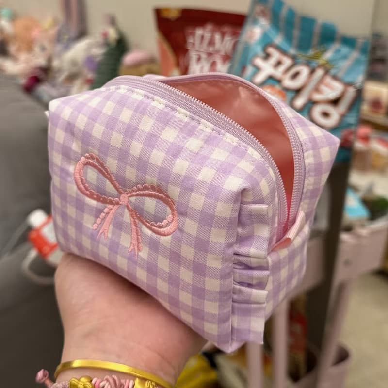Sweetstore Supply原創紫色格紋蝴蝶結刺繡化妝包便攜收納包