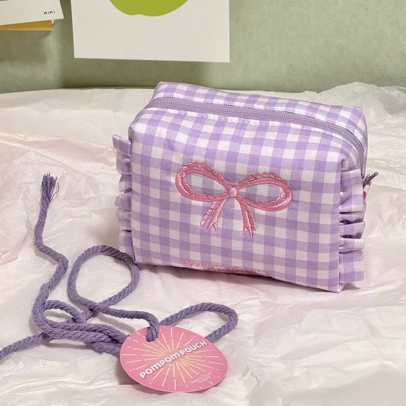 Sweetstore Supply原創紫色格紋蝴蝶結刺繡化妝包便攜收納包