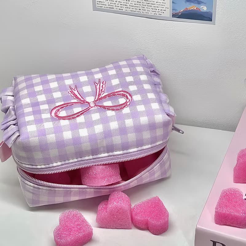 Sweetstore Supply原創紫色格紋蝴蝶結刺繡化妝包便攜收納包