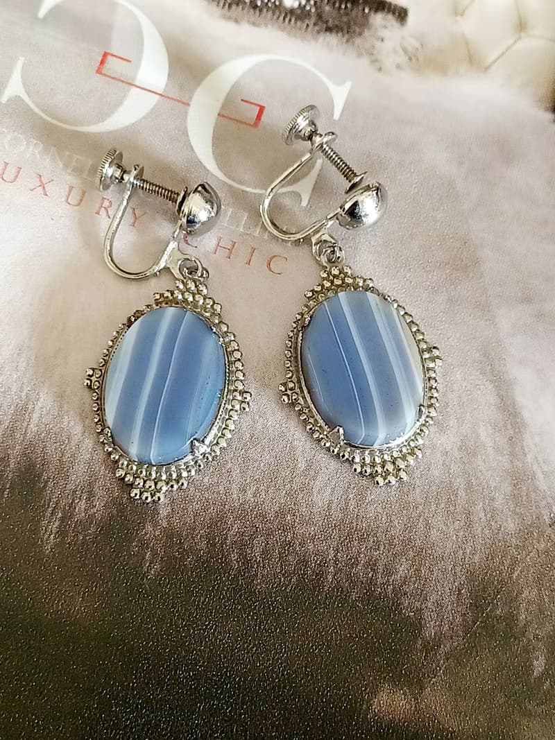 vintage jewelry  典雅銀色底垂墜流紋石 夾式耳環