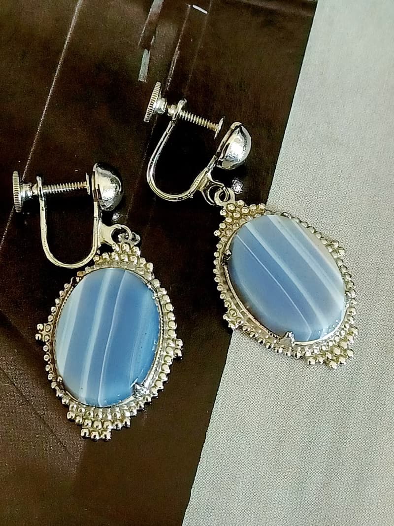 vintage jewelry  典雅銀色底垂墜流紋石 夾式耳環