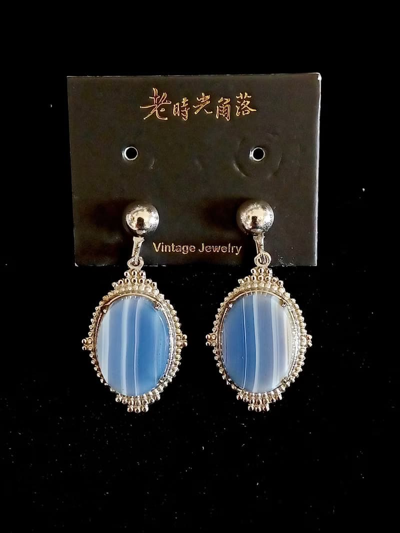 vintage jewelry  典雅銀色底垂墜流紋石 夾式耳環