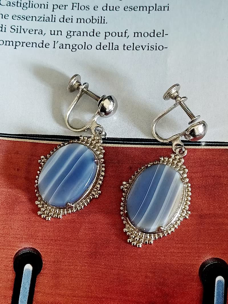 vintage jewelry  典雅銀色底垂墜流紋石 夾式耳環