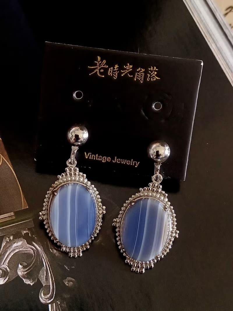 vintage jewelry  典雅銀色底垂墜流紋石 夾式耳環
