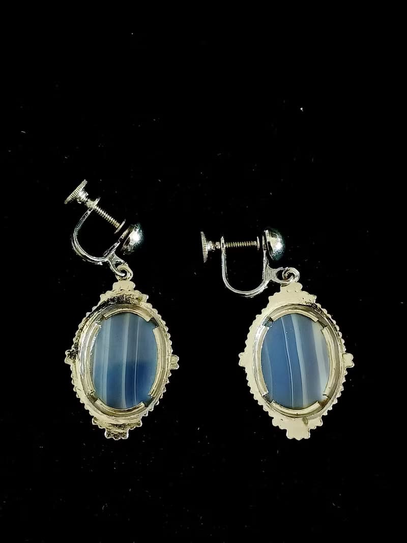 vintage jewelry  典雅銀色底垂墜流紋石 夾式耳環