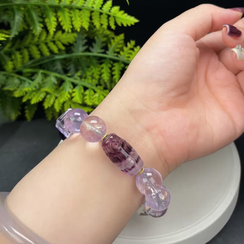 天然紫水晶手串 玻利維亞方糖 白水晶切面 螢石桶珠 S925銀鍍金