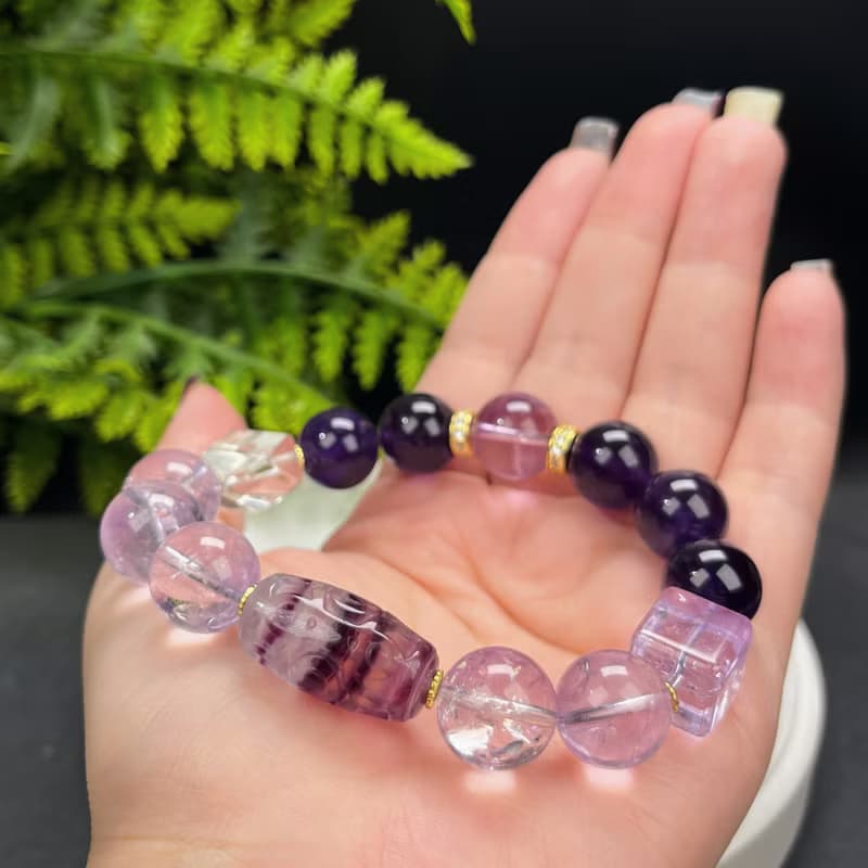 天然紫水晶手串 玻利維亞方糖 白水晶切面 螢石桶珠 S925銀鍍金