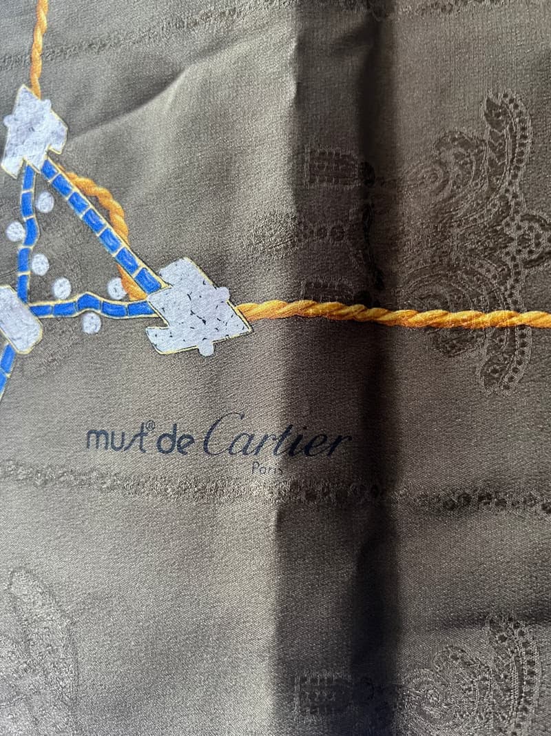Cartier卡地亞墨綠色暗花珠寶暗紅色車邊絲巾圍巾 日本中古