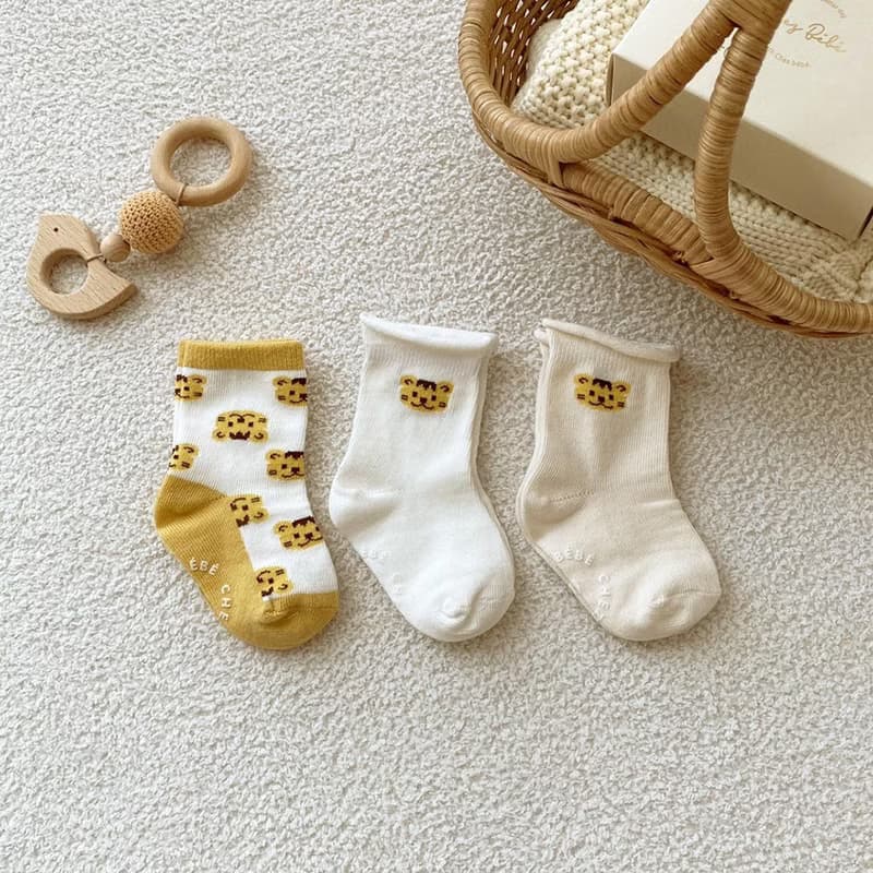 韓國Chezbebe 奶黃小虎短襪3入組(0-24M) 彌月禮